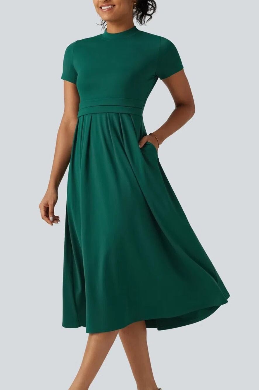Halara Womens Mock Neck A-Line Fit Flare Midi Dress M Green Fall Quiet Luxury